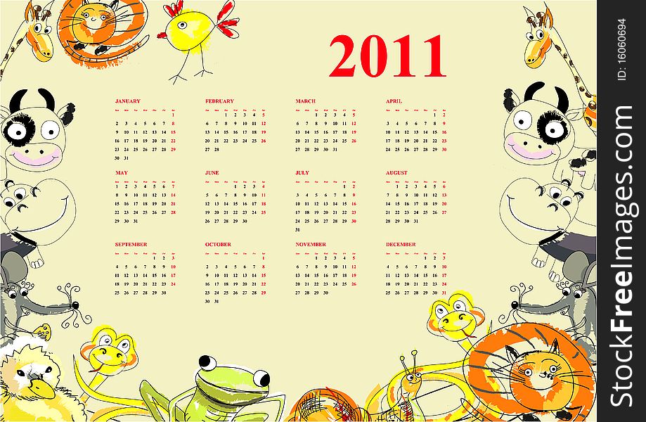 Calendar with animals for 2011. Calendar with animals for 2011
