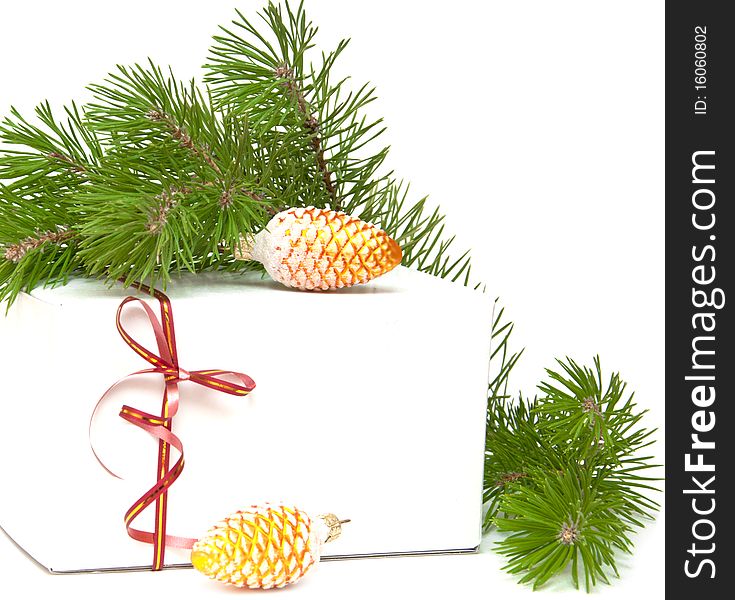 Festive balls with gift box on white