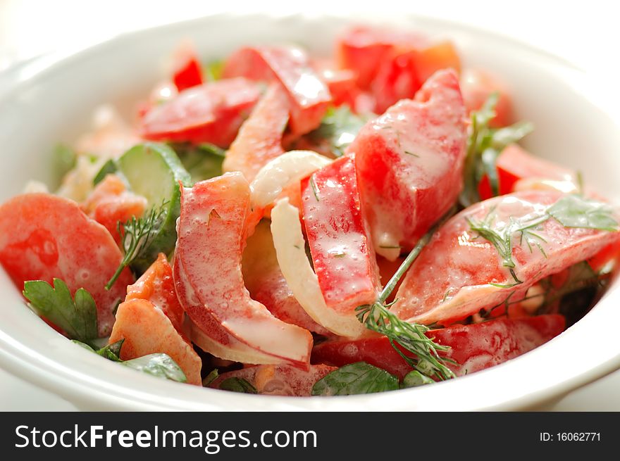 Fresh salad with tomato in white plate