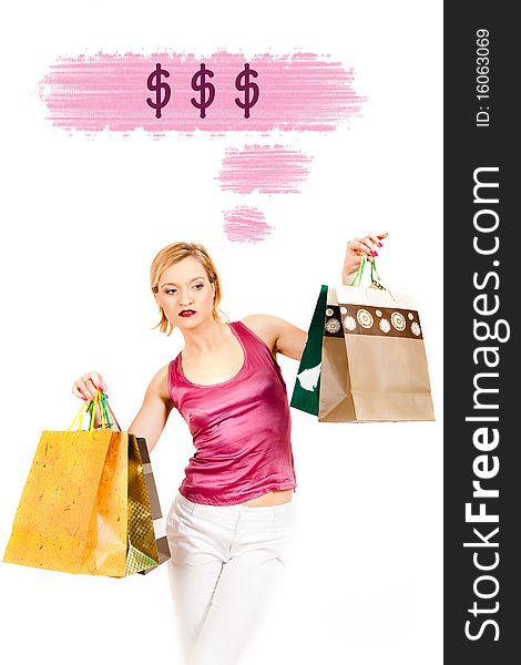 Young pretty shopping woman thinking about money. creative design