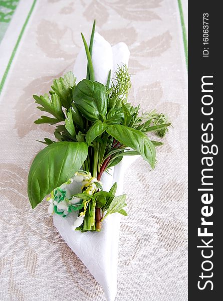 Bouquet of fresh green herbs - a kind of bouquet garni, for cooking and flavouring