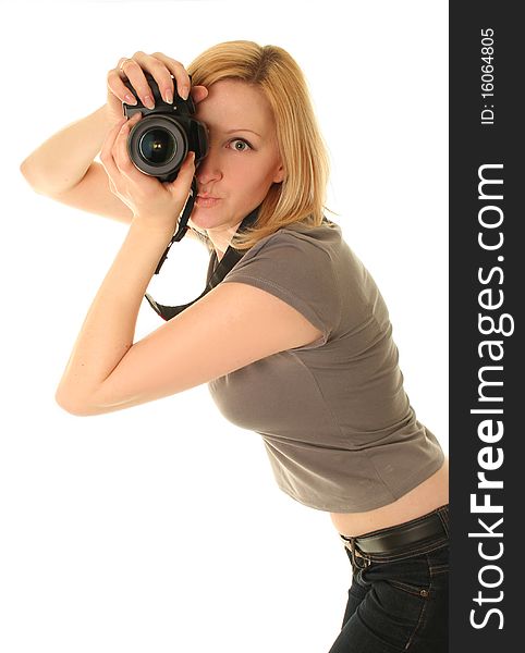 Funny woman with camera on white. Funny woman with camera on white