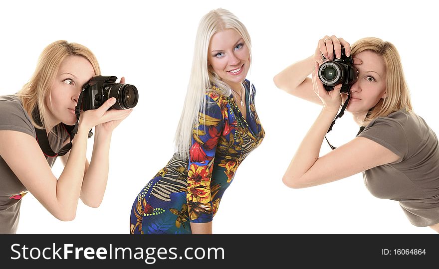 Funny woman with camera on white. Funny woman with camera on white