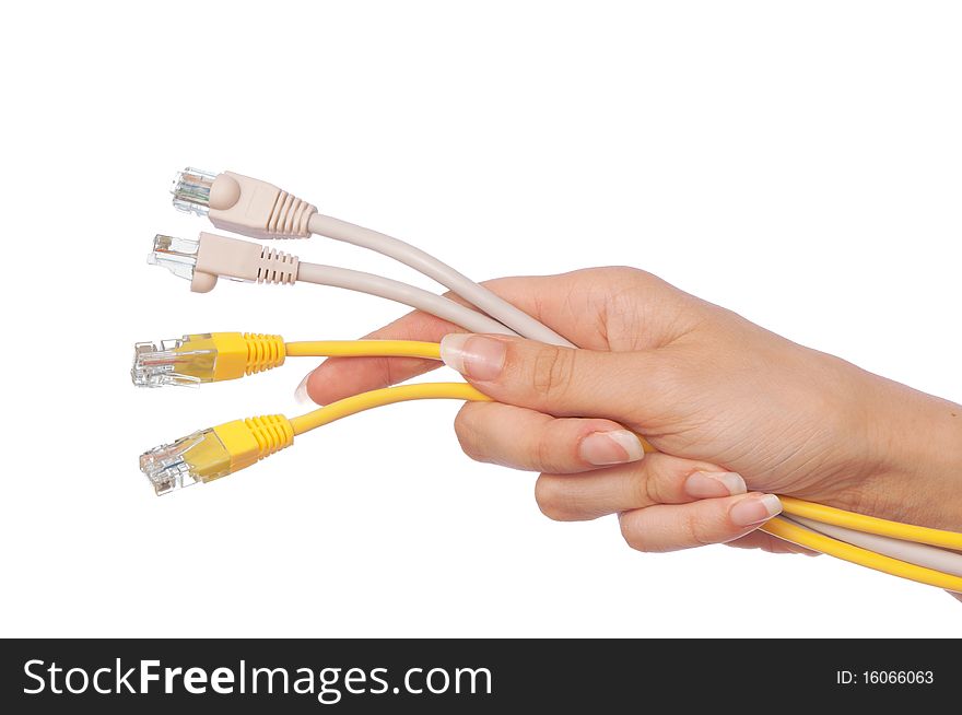 Woman holding power LAN cord in the hand. Woman holding power LAN cord in the hand