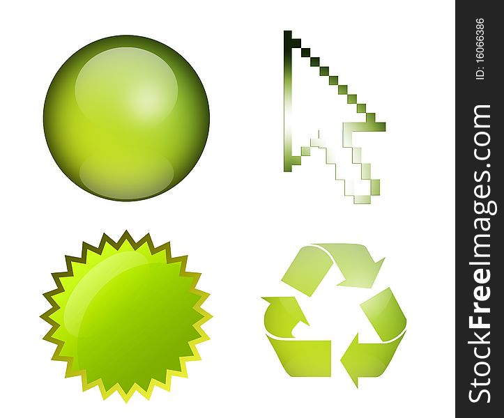 Sphere, mouse pointer, label, and recycle symbol, green elements, isolated illustrations. Sphere, mouse pointer, label, and recycle symbol, green elements, isolated illustrations