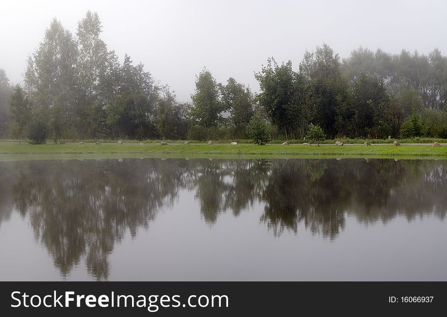 Panorama. Morning Fog Over A Pond