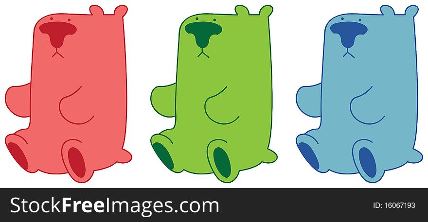 Red, green and blue cartoon bear seat next to each other. Red, green and blue cartoon bear seat next to each other.