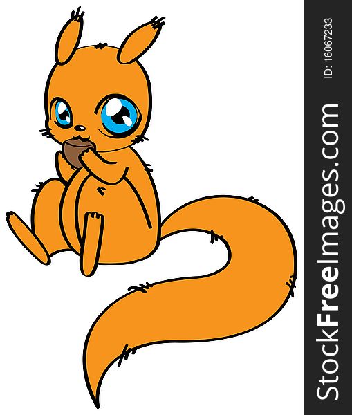 Cute little orange cartoon squirrel eats a nut.