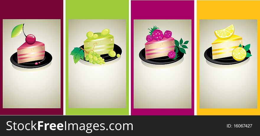 Set of design samples with delicious cheese cakes with fruits and berries