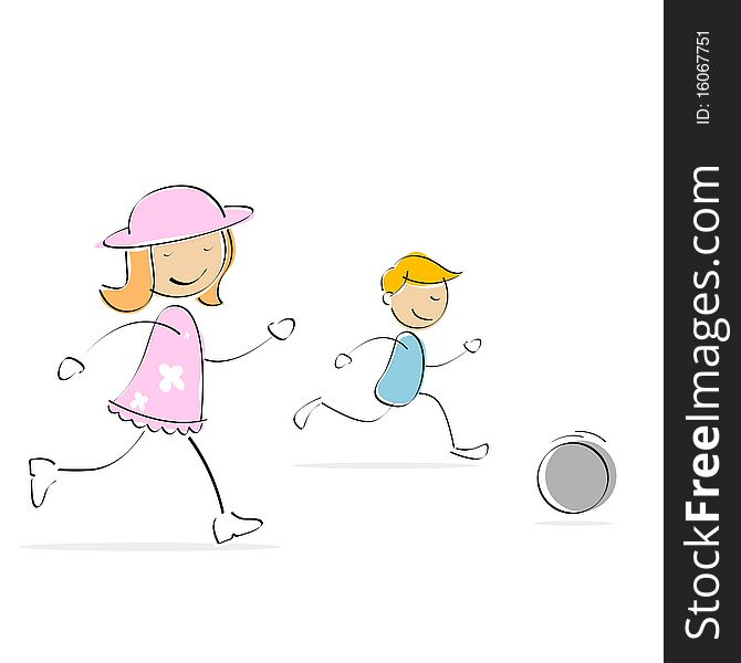 Illustration of kids running behind soccer ball on an isolated white background. Illustration of kids running behind soccer ball on an isolated white background