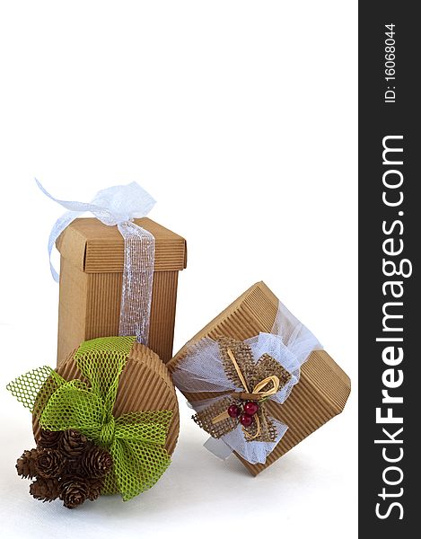 Christmas decorated gift boxes on white background. Christmas decorated gift boxes on white background