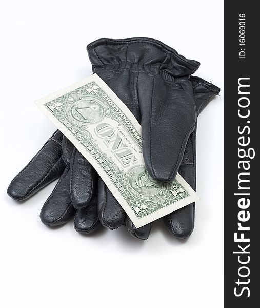 Black Leather Gloves With Dollar Bills