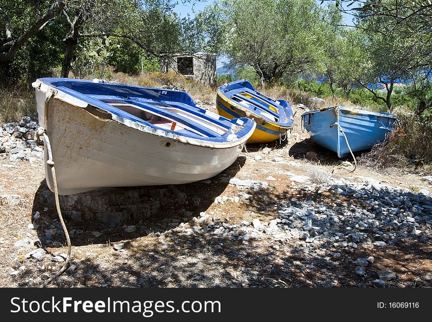Old rowing boats putted up onto dry land - among trees