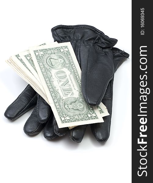 Black Leather Gloves with Dollar Bills