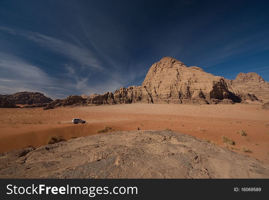 4WD drive in Wadi Rum Desert in Jordan. 4WD drive in Wadi Rum Desert in Jordan