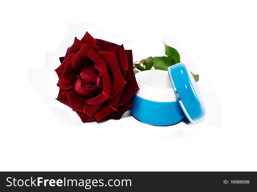 Cosmetic creams and roses isolated on white background. Cosmetic creams and roses isolated on white background