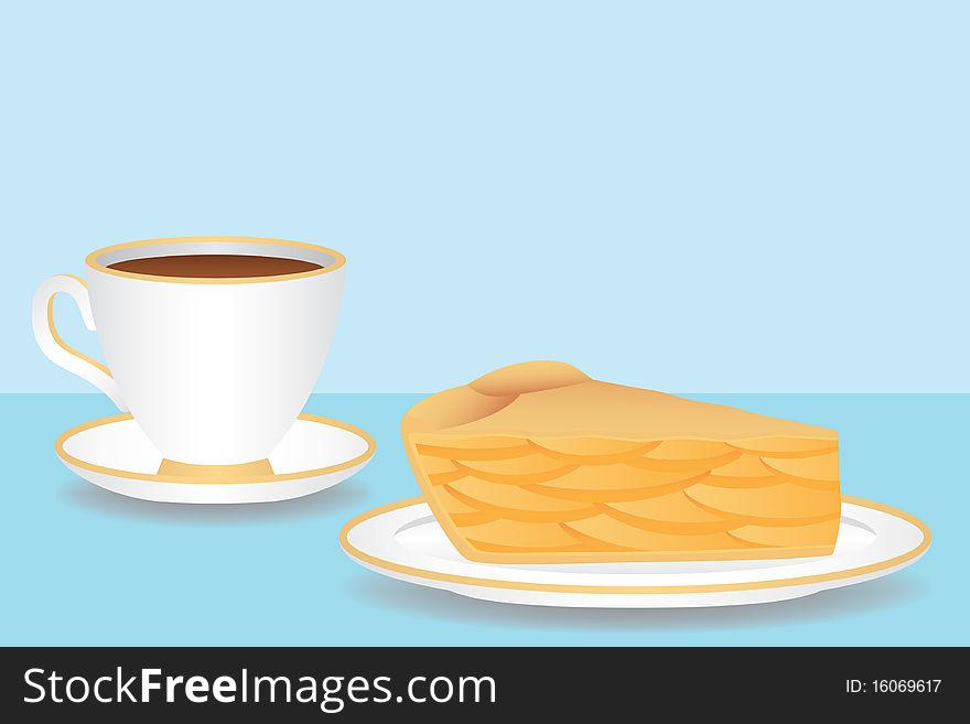 A cup of coffee with a slice of fruit pie. Can be either apple or peach. A cup of coffee with a slice of fruit pie. Can be either apple or peach.