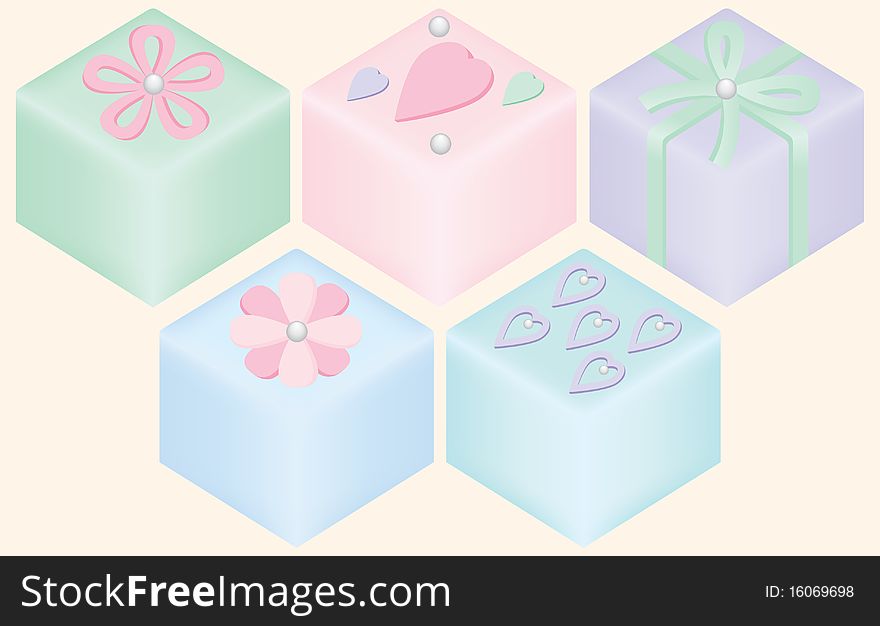 A variety of pretty pastel petit four cakes. A variety of pretty pastel petit four cakes.