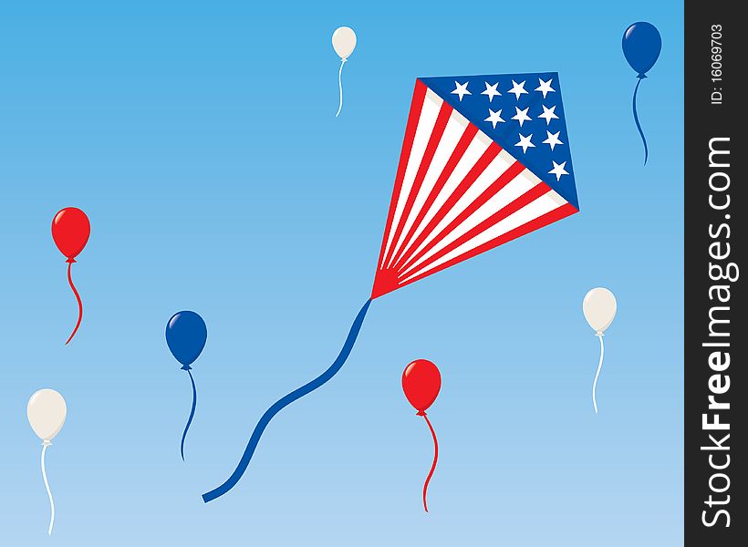 A stars and stripes kite flies with red, white and blue balloons. A stars and stripes kite flies with red, white and blue balloons.
