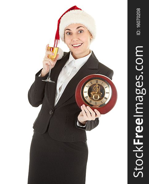 Portrait of business girl in Santa hat and with champagne