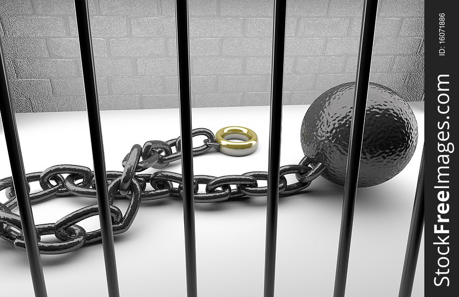 3D rendered scene of ball and chain attached to wedding ring. 3D rendered scene of ball and chain attached to wedding ring.
