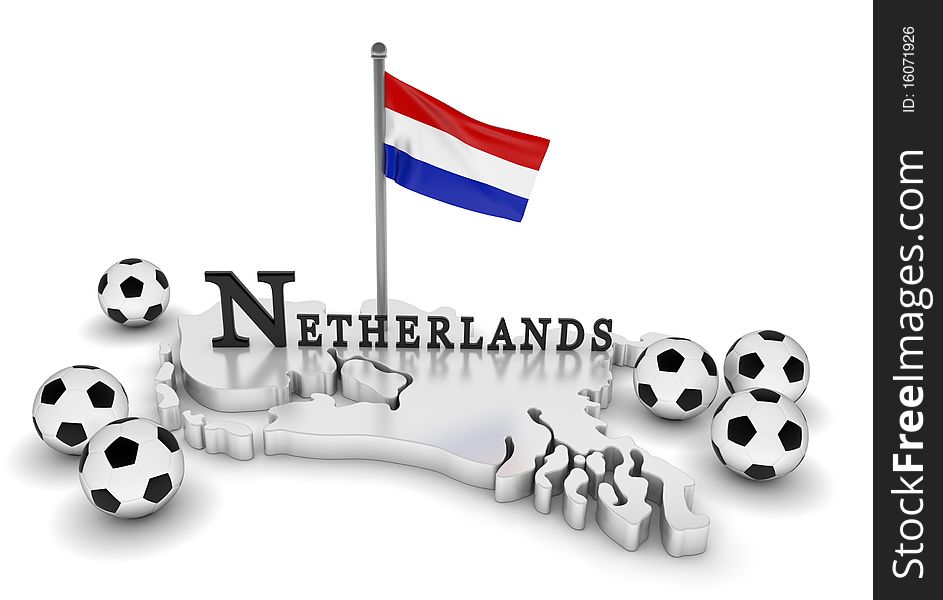3D rendered scene with soccer balls, map, and flag. 3D rendered scene with soccer balls, map, and flag.