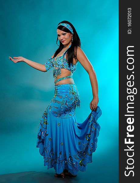 Beautiful dancer woman in bellydance costume with pretty professional stage make-up. Beautiful dancer woman in bellydance costume with pretty professional stage make-up