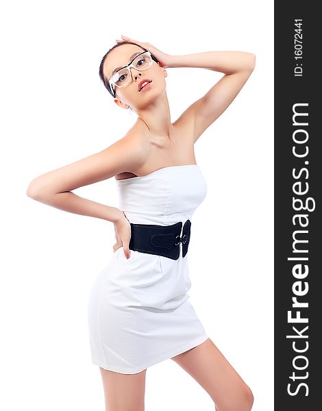 Beautiful young woman wearing fashionable glasses. Isolated over white background. Beautiful young woman wearing fashionable glasses. Isolated over white background.