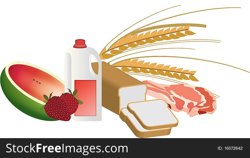 Illustration of bread milk fruit and meat against white background. Illustration of bread milk fruit and meat against white background