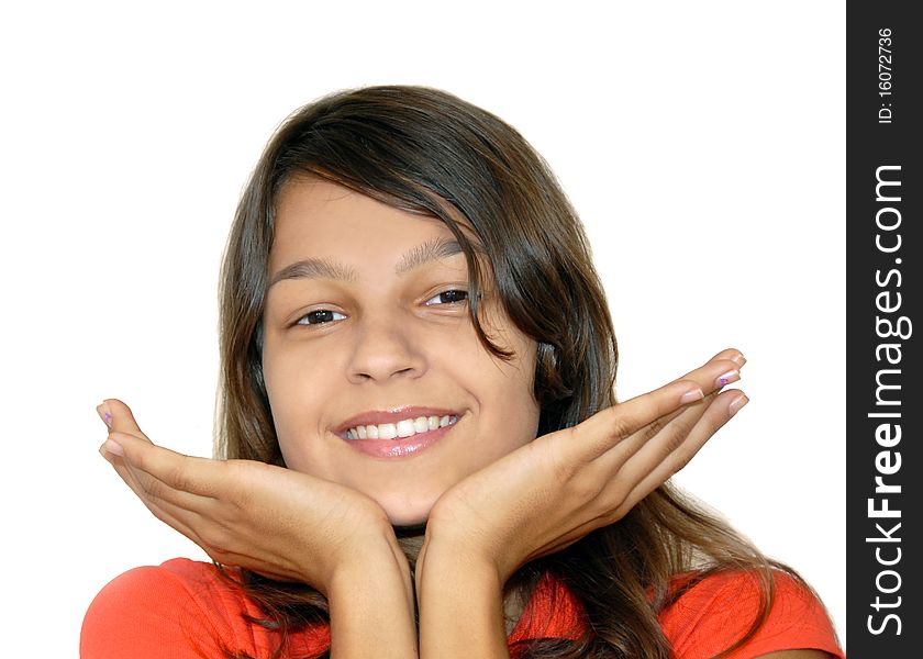 Portrait of cheerful long-haired caucasian teenage girl isolated over white background. Portrait of cheerful long-haired caucasian teenage girl isolated over white background