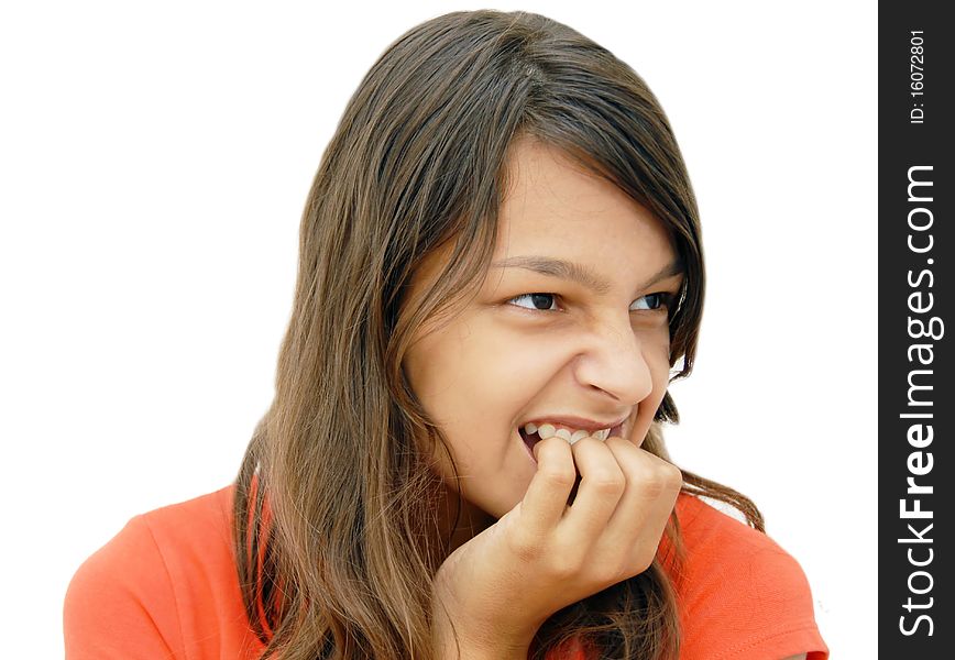 Portrait of upset long-haired caucasian teenage girl isolated over white background. Portrait of upset long-haired caucasian teenage girl isolated over white background