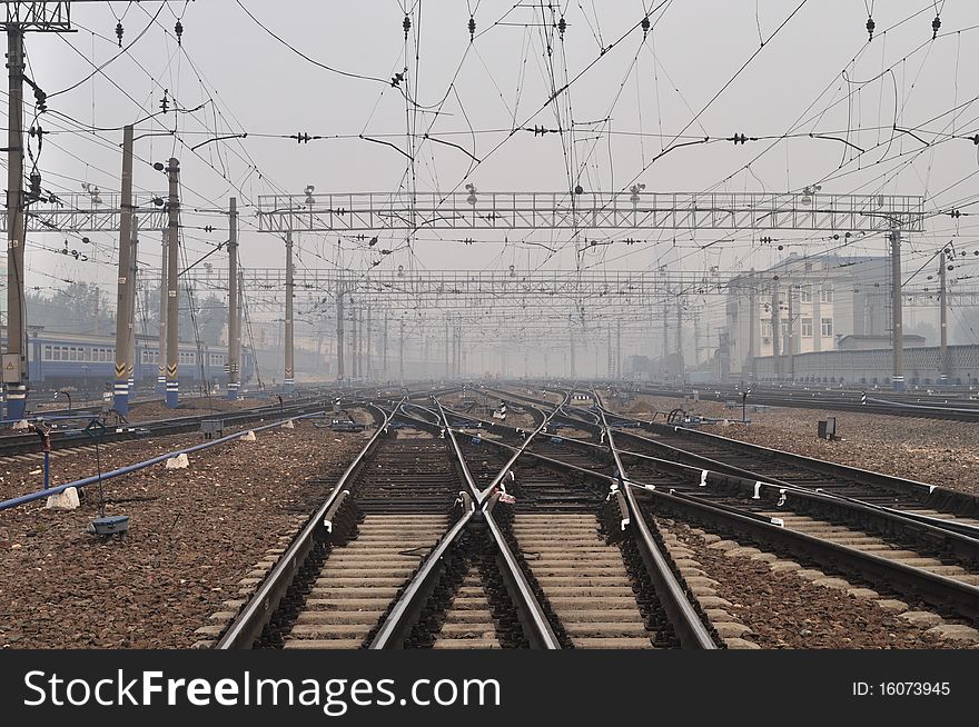 View into a misty railway station in Moscow, Russia. View into a misty railway station in Moscow, Russia