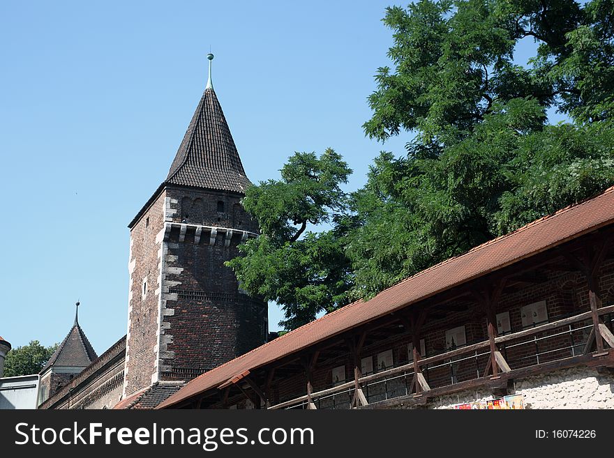 The old city walls next to the gate of St Florian in Krakow, Poland