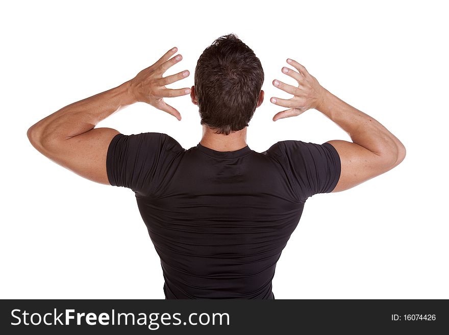 A really strong mans back and shoulders with shirt on. A really strong mans back and shoulders with shirt on.