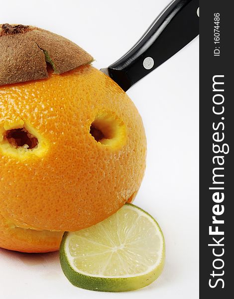 Orange face with eating a lemon with kiwi hat