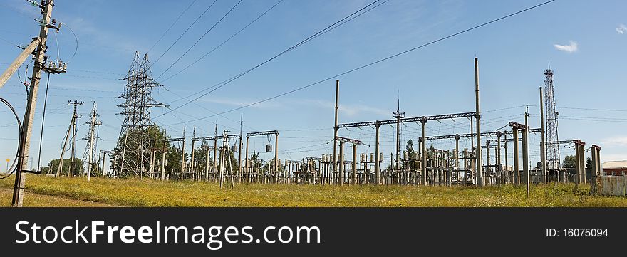 High voltage electricity pillars, panorama