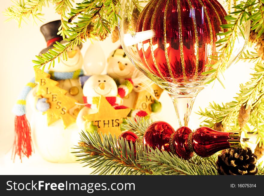 Decorations for christmas with evergreen and snowmen. Decorations for christmas with evergreen and snowmen