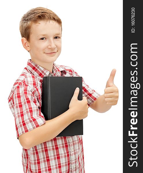 Happy school boy with thumbs up isolated on white