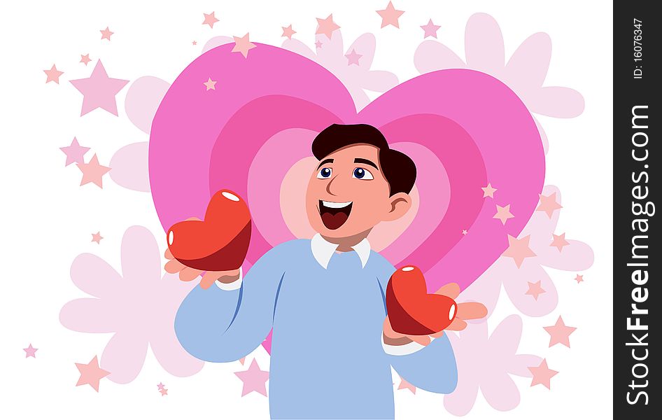 Image of a man who is holding two hearts happily in his hand on valentine