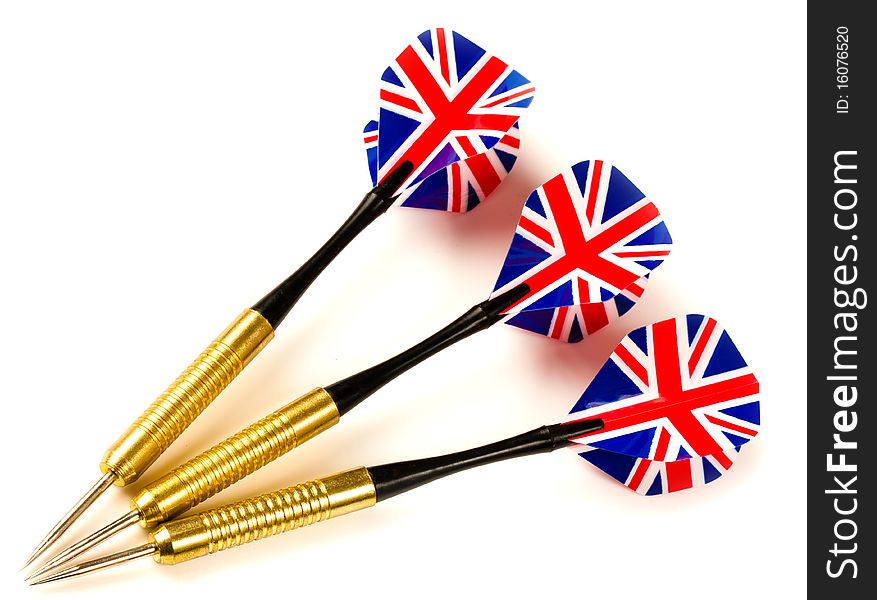 Set of Thee Playing darts with union jack flight on white background