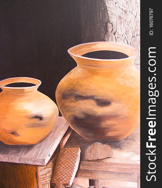 Pottery on canvas painting is Acrylic Color Su realistic writing style. Pottery on canvas painting is Acrylic Color Su realistic writing style.
