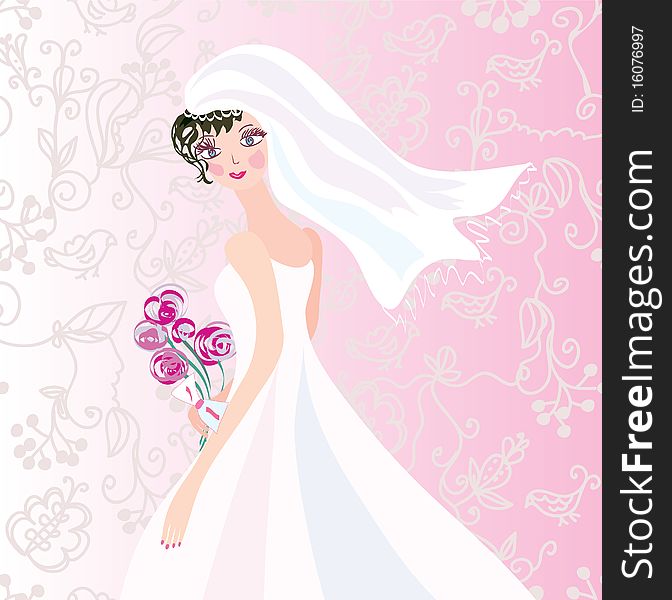 Bride on the romantic pink floral background. Bride on the romantic pink floral background