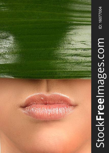 Sexy lips and green leaf. Sexy lips and green leaf
