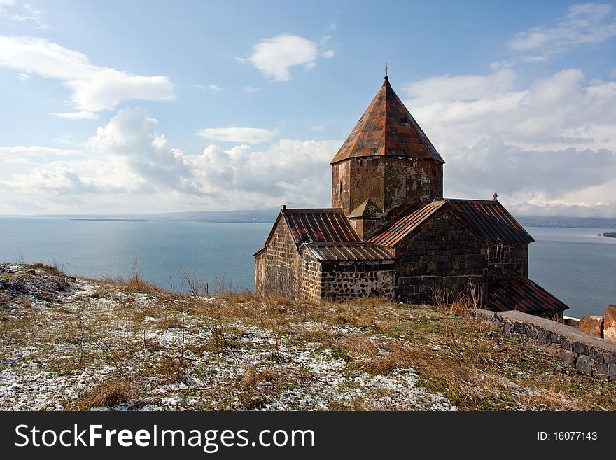 Background of Armenian monastery on the bank of Sevan Lake. Background of Armenian monastery on the bank of Sevan Lake