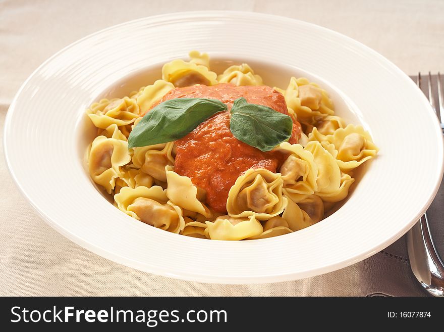 Plate of Italian bolognese tortelloni, fresh egg pasta made with durum wheat, with creamy tomato sauce and fresh basil leaves. Plate of Italian bolognese tortelloni, fresh egg pasta made with durum wheat, with creamy tomato sauce and fresh basil leaves