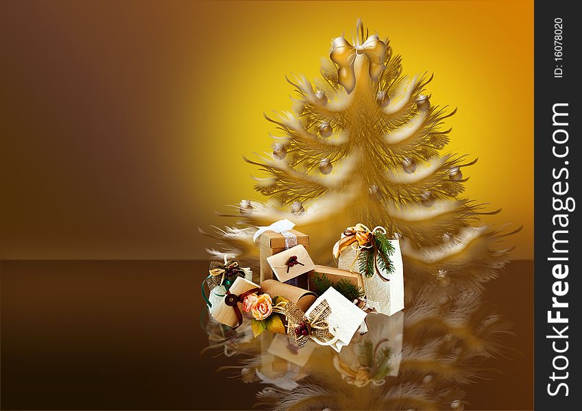 Christmas packages and Christmas tree on gradient background. Christmas packages and Christmas tree on gradient background
