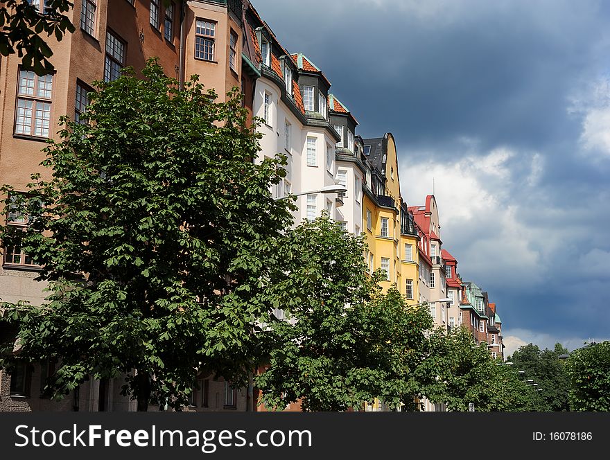 Stockholm street in the sunshine day. Sweden