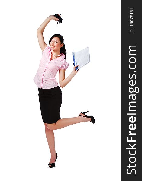 Picture of a attractive young girl in pink blouse and black skirt on white background. Picture of a attractive young girl in pink blouse and black skirt on white background.