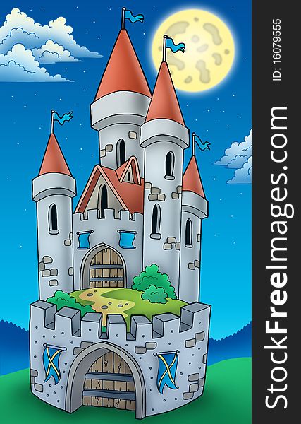 Night view on tall castle - color illustration.