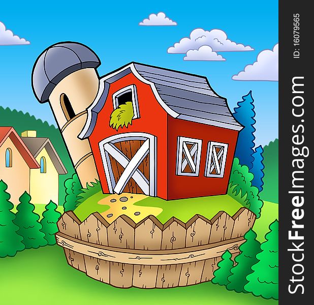 Red barn with fence on countryside - color illustration.